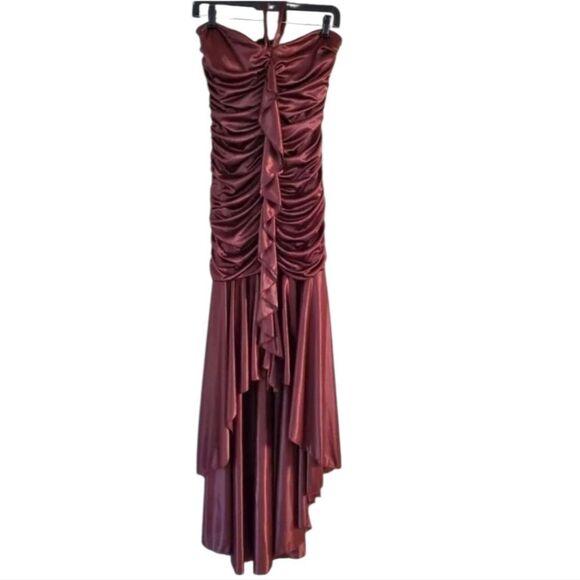 Kiki Vintage High Low Halter Neck Satin Brown Womens Dress Y2k Size L Winsigoth - Picture 1 of 10